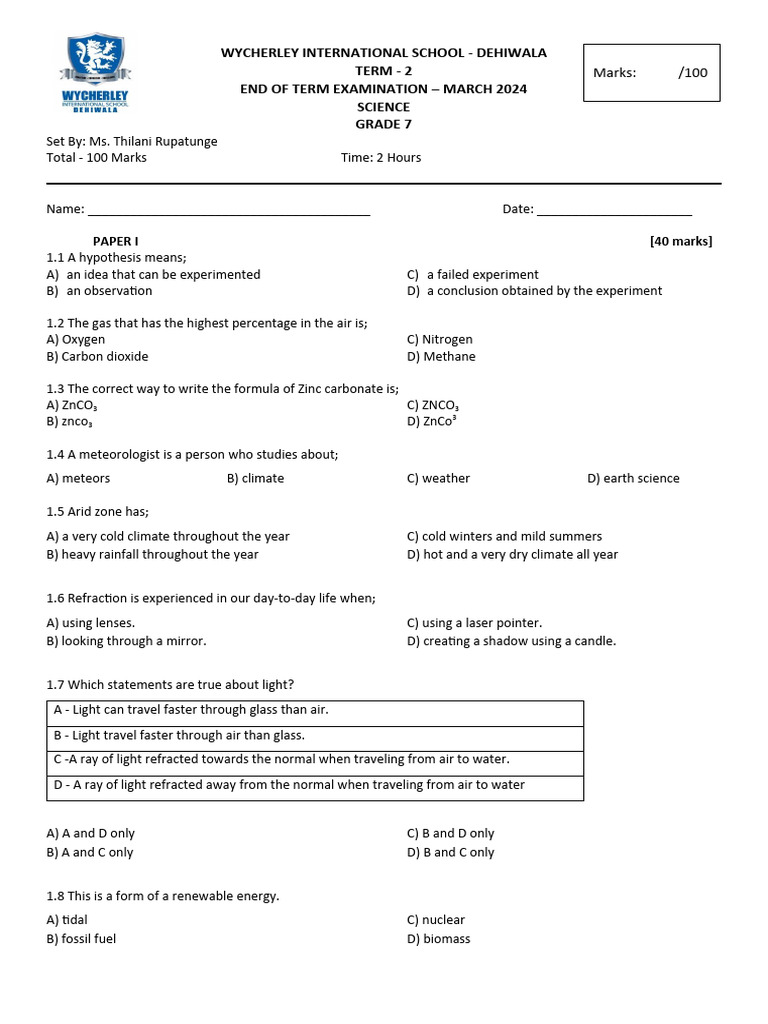 Grade 7 - Science - TT - MARCH 2024 | PDF | Mangrove | Ice Age
