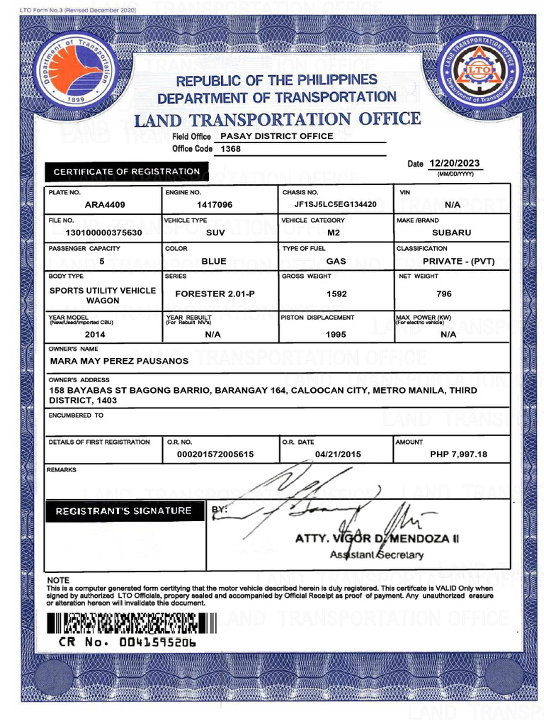 Motor Vehicle Registration Certificate | PDF | Land Vehicles | Motor ...