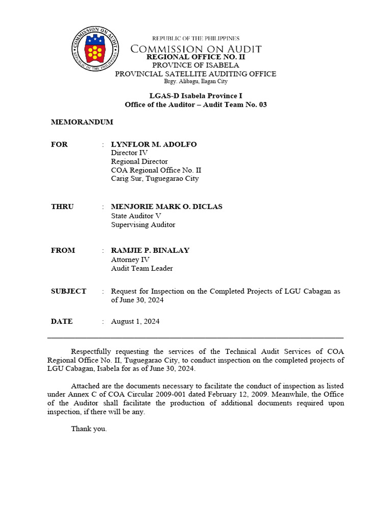 Inspection Request for LGU Cabagan Projects | PDF