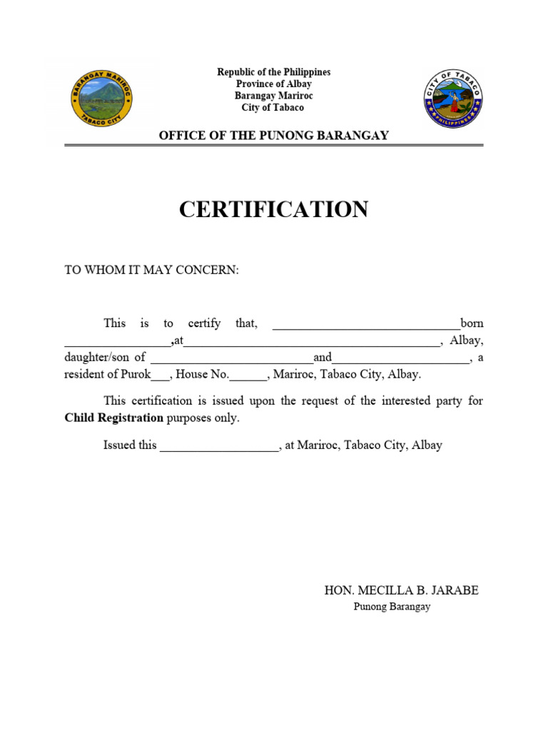 Certification for Child Registration Albay | PDF