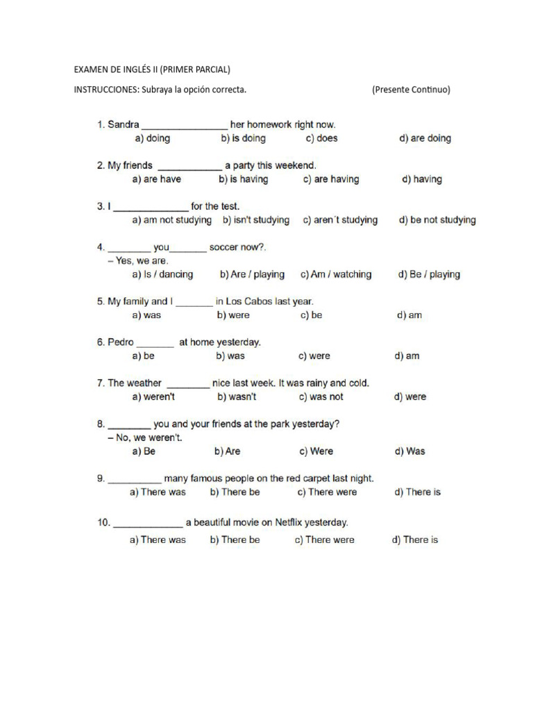 Inglés II Examen Parcial 1 | PDF