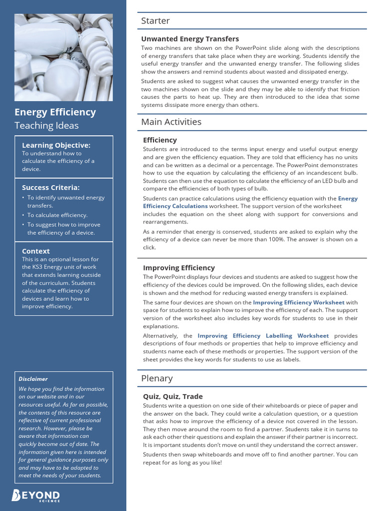 Energy Efficiency Teaching Ideas Pdf Efficiency Worksheet