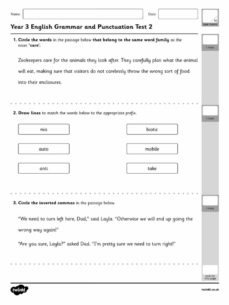 Year 3 English Grammar and Punctuation Test 2 | PDF