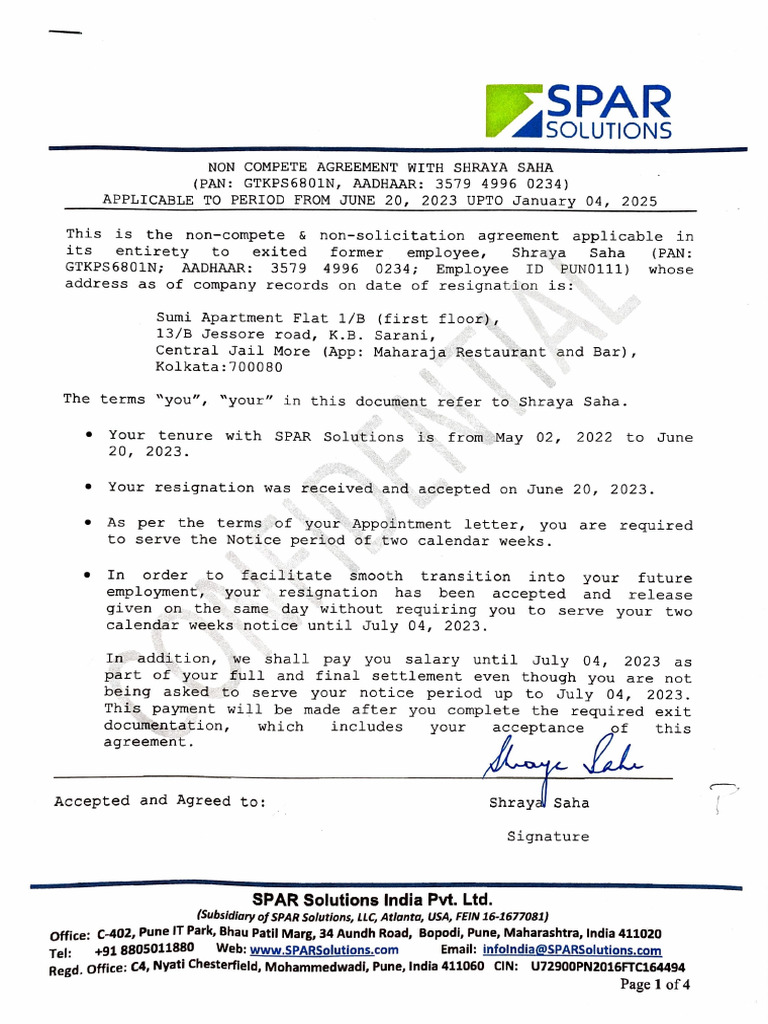 Non Solicitation-Non Compete Letter - Shraya | PDF | Industrial ...