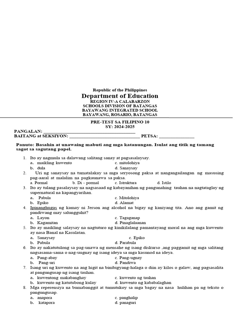 G10 Pre Test | PDF