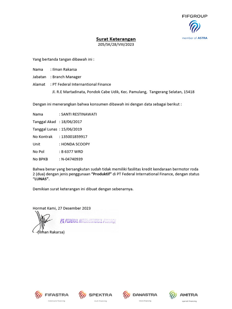 Surat Keterangan Pelunasan FIF | PDF | Pengelolaan Keuangan & Uang