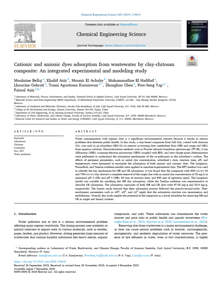 Cationic and Anionic Dyes Adsorption From Wastewater by Clay-Chitosan ...