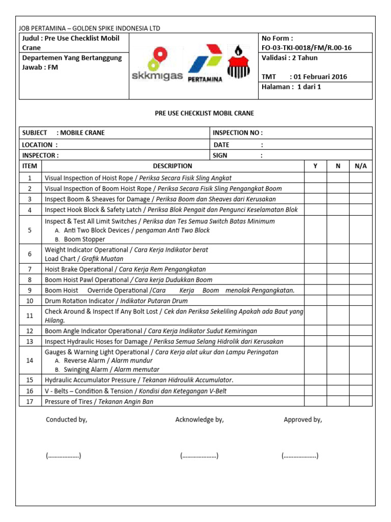 Checklist Inspeksi Crane Mobil | PDF