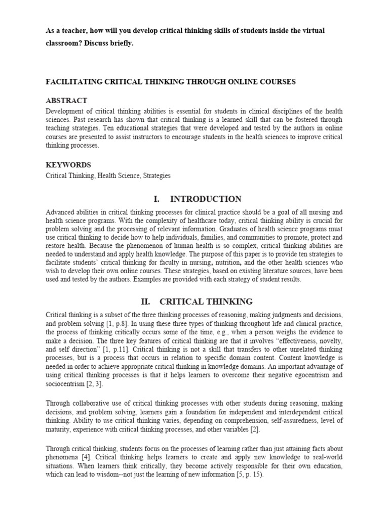 Enhancing Critical Thinking in Online Health Courses | PDF | Critical ...