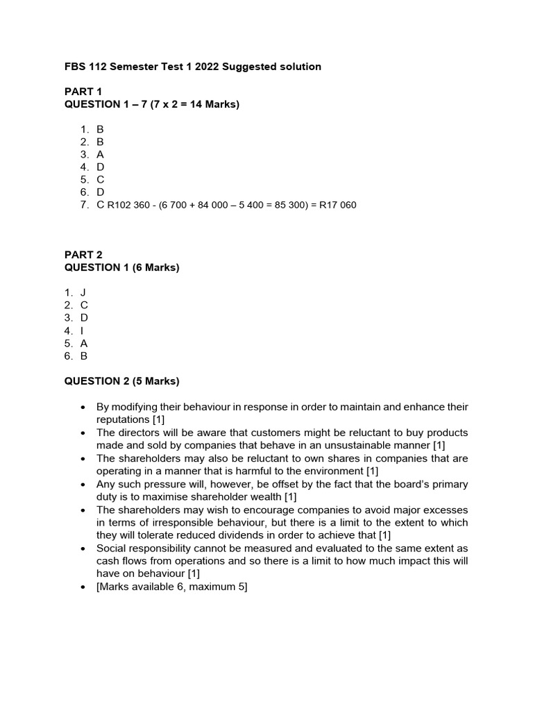 FBS 112 Semester Test 1 2022 Suggested Solution | PDF | Equity (Finance ...