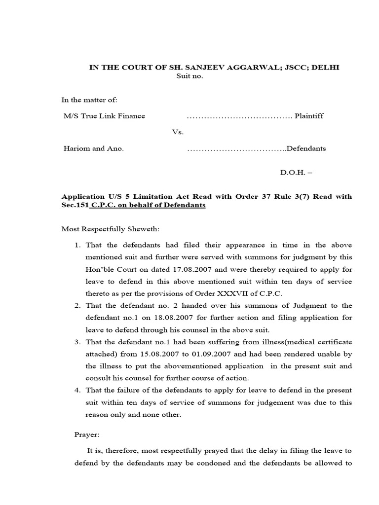 Leave to Defend Application Format | PDF | Lawsuit | Affidavit