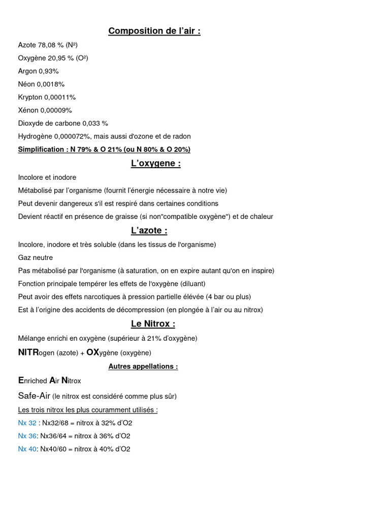 Composition et utilisation du Nitrox | PDF | Plongée en scaphandre ...