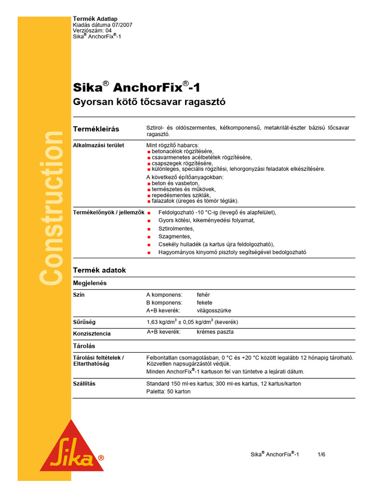 Colle D'ancrage Sika AnchorFix-1 - 2 Composants 300ml - Durcissement Rapide - Gris