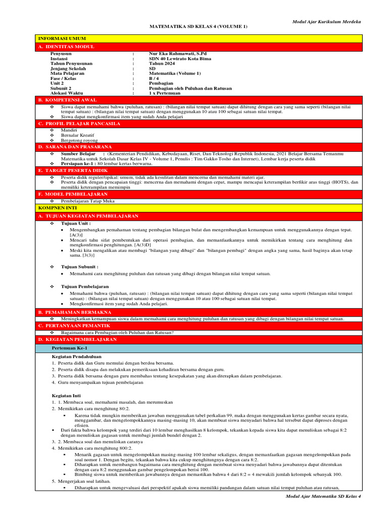 Modul Ajar Matematika SD Kelas 4 | PDF | Karier & Perkembangan | Sains ...