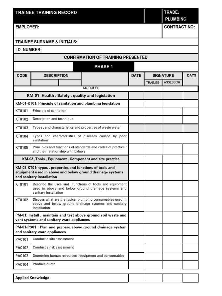 Plumbing Trainee Training Record | PDF | Plumbing | Pipe (Fluid Conveyance)