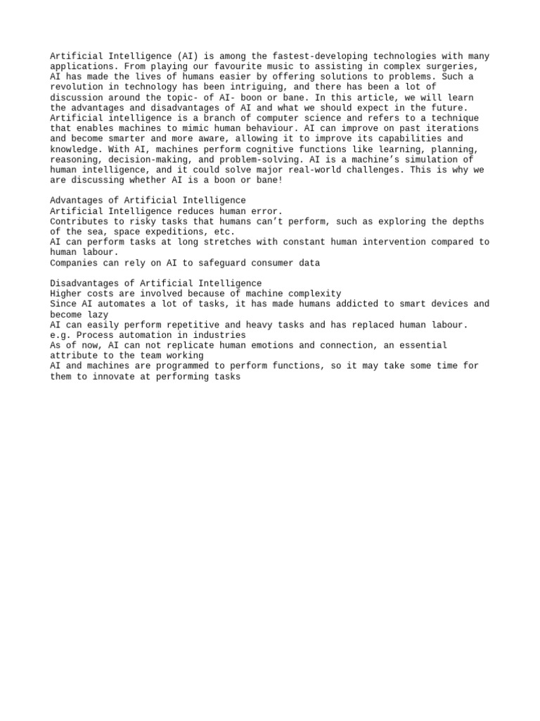 Pros and Cons of Artificial Intelligence | PDF