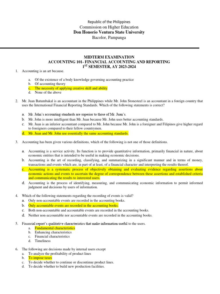 Accounting 101 Midterm Exam Questions | PDF | Debits And Credits | Expense