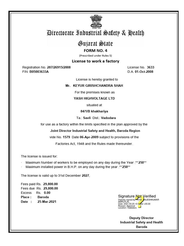 Yash LTD - Factory License | PDF