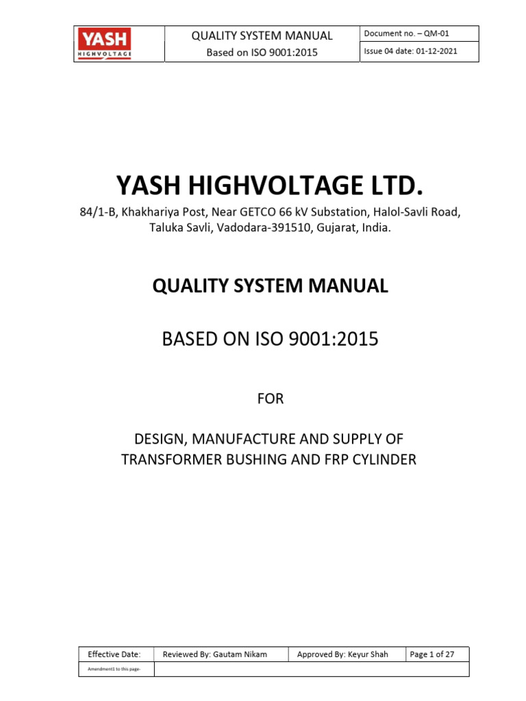 Quality System Manual for Yash Highvoltage | PDF | Quality Management ...