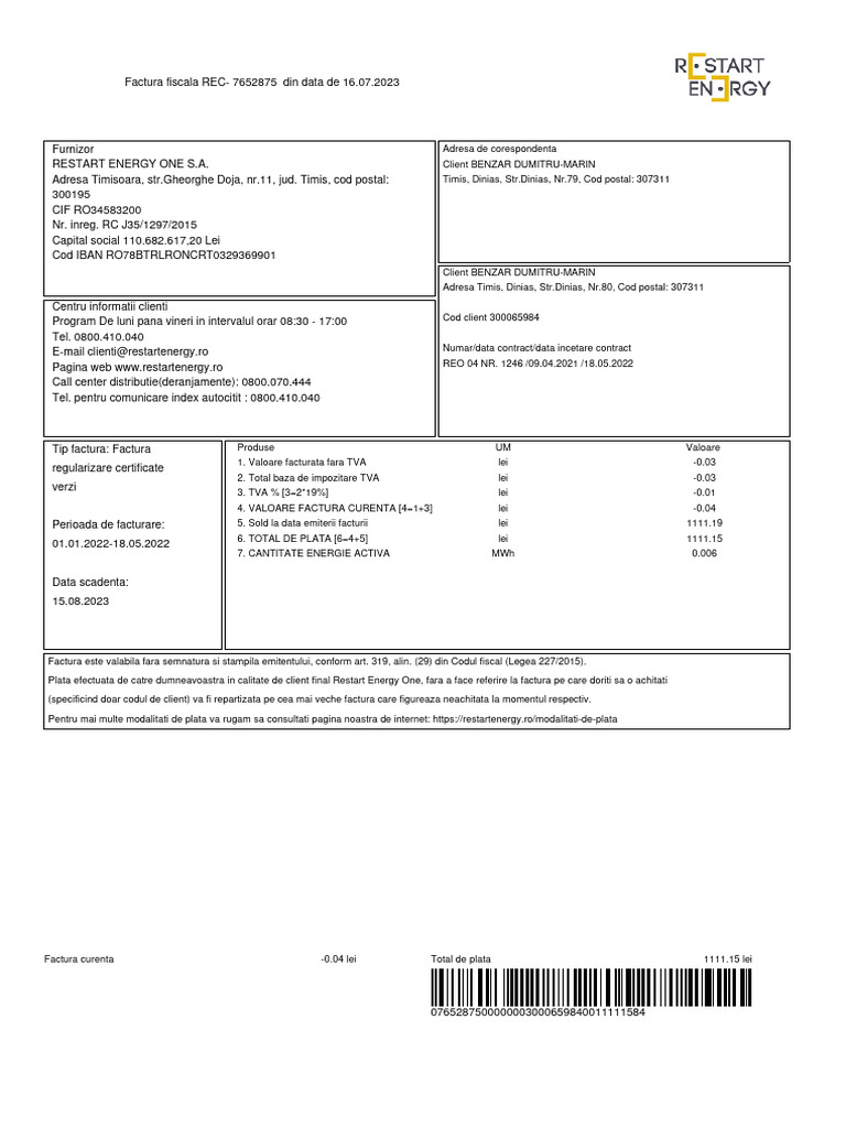 Facturi Generate Simulare 3409415 FacturaRegularizareCVGenerate | PDF