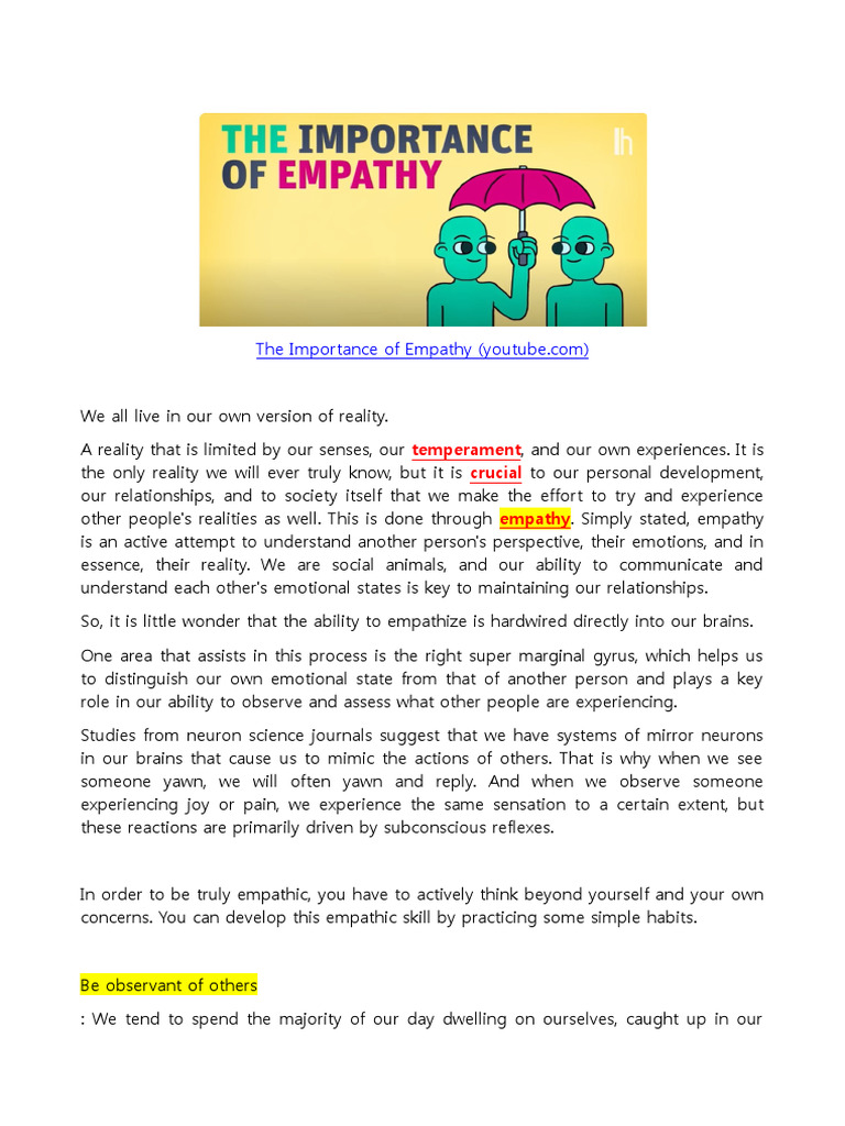 The Importance of Empathy WORKSHEET | PDF | Empathy | Emotions