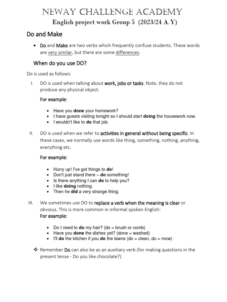 Do and make english project work 2 pdf verb linguistics