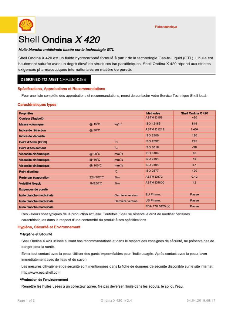 Shell Ondina X 420 : Fiche Technique | PDF