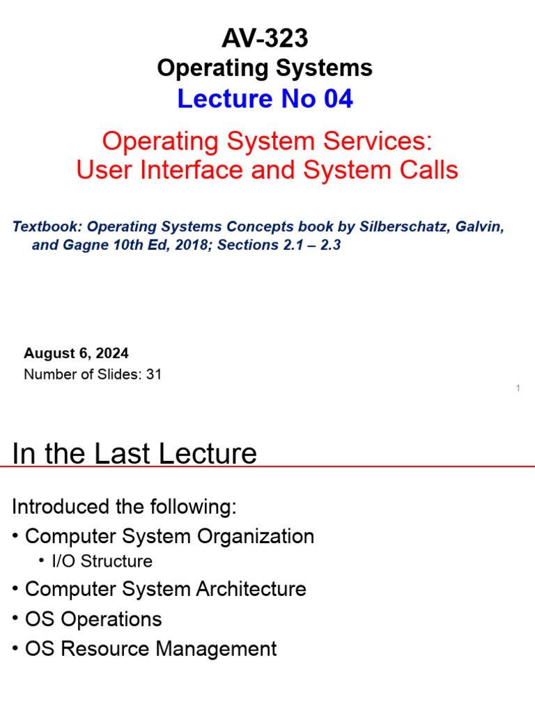 Lecture 04 AV-323 Operating System Services User Interface and System ...