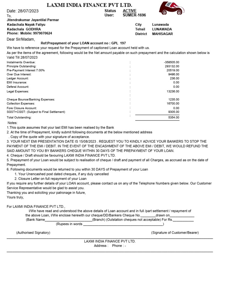 Loan Prepayment Details and Instructions | PDF | Cheque | Banks