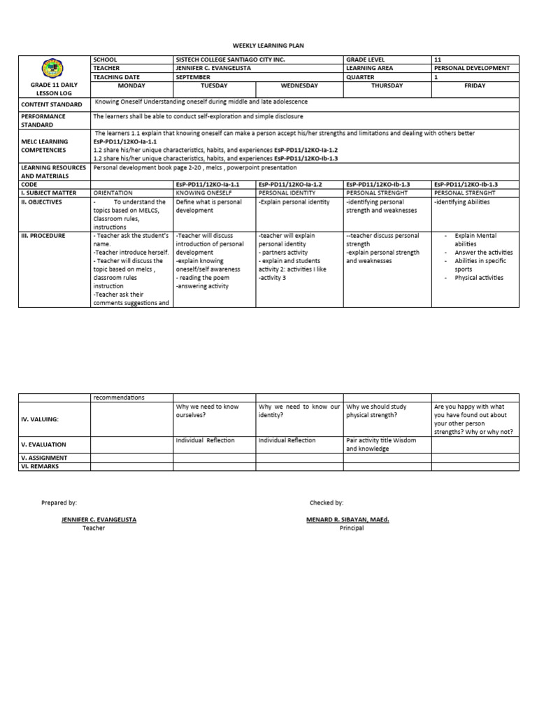 Week 1 Personal Development q1 | PDF | Learning | Teachers