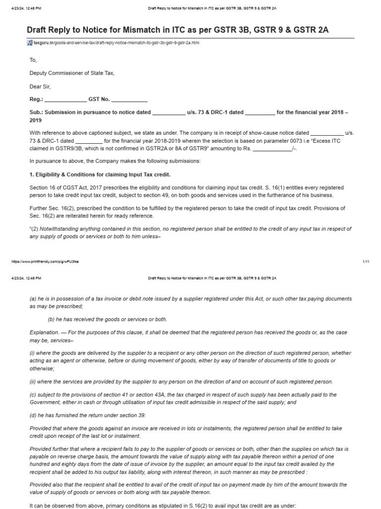 Reply to GST ITC Mismatch Notice | PDF | Taxes | Tax Credit