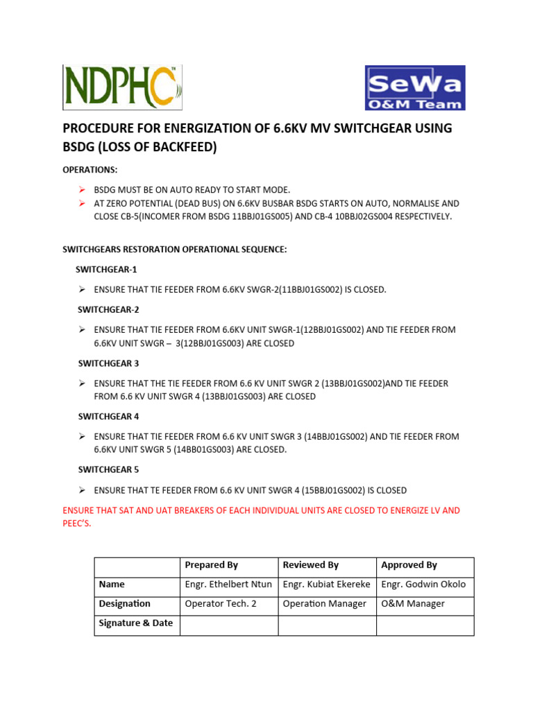 6.6kV MV Switchgear Energization Procedure | PDF