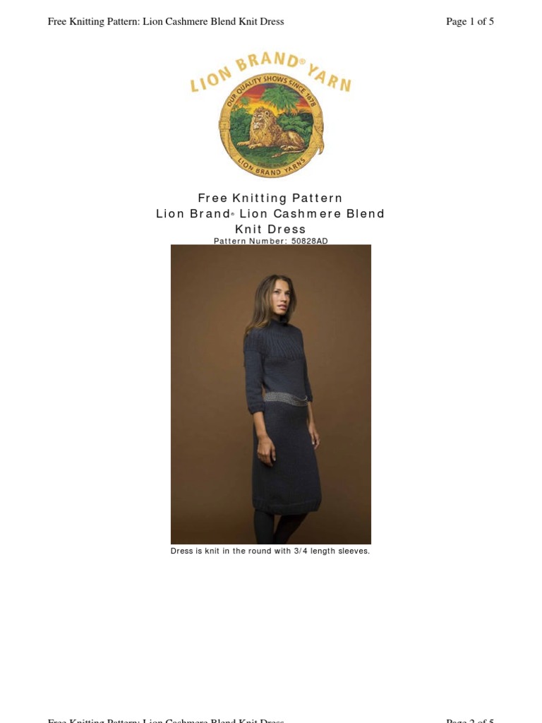 Free Knitting Pattern Lion Brand Lion Cashmere Blend Knit Dress PDF