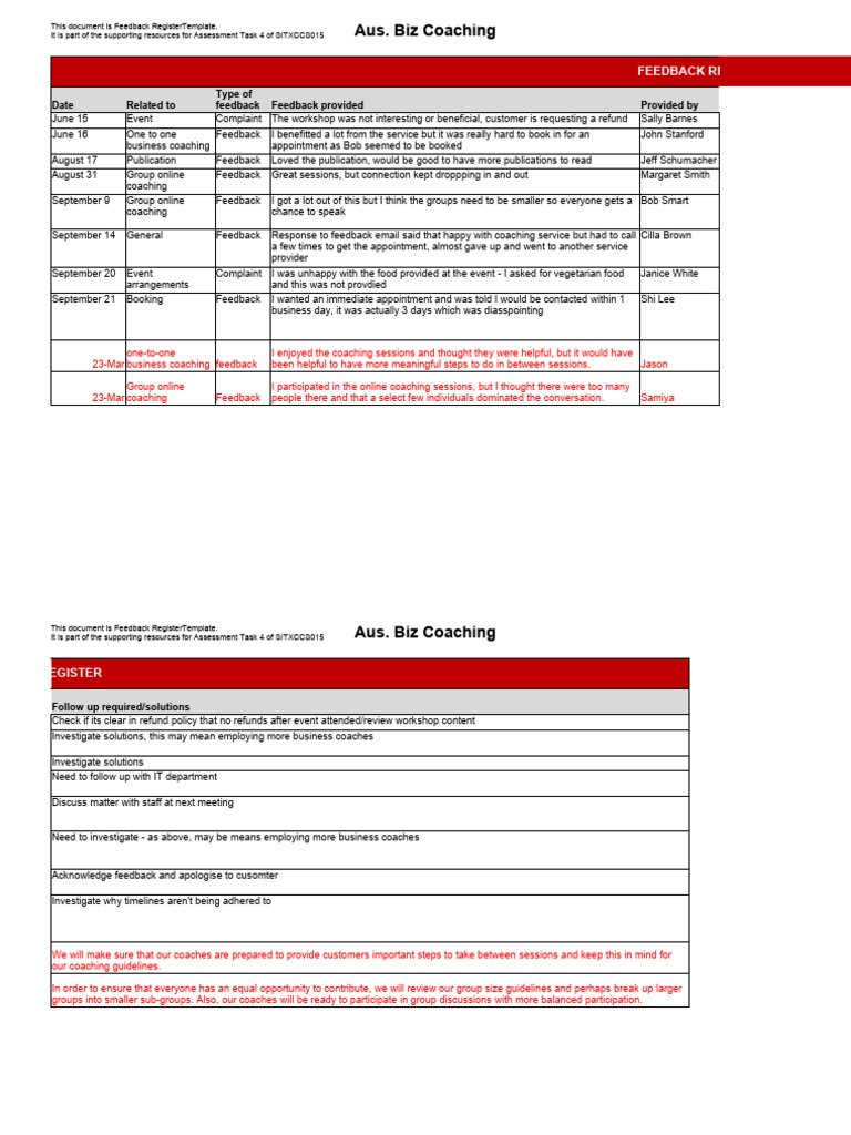 Feedback Register Template for Coaching | PDF