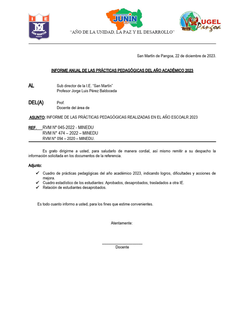 Informe Anual de Prácticas Pedagógicas 2023 | PDF | Aprendizaje ...