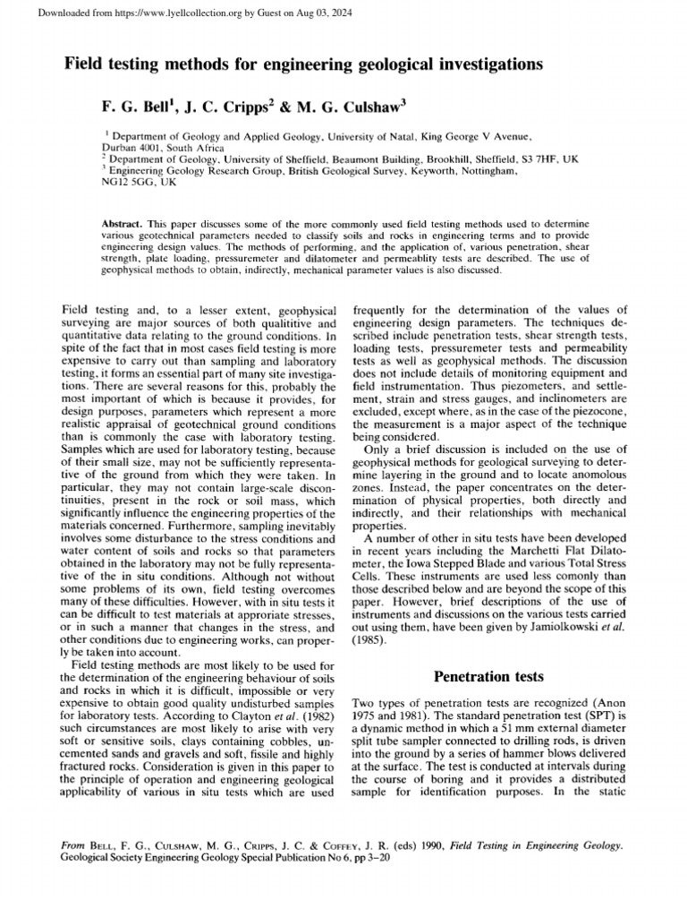 Bell Et Al 1990 Field Testing Methods For Engineering Geological ...