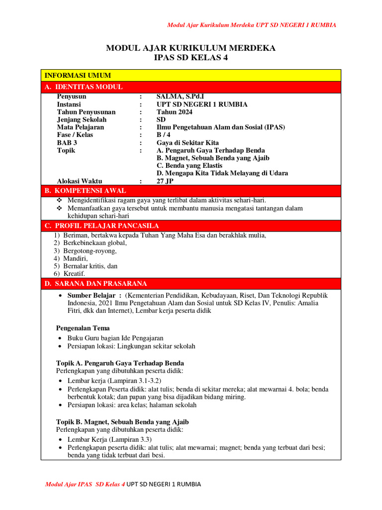 Modul Ajar IPAS Kelas 4 SD 2024 | PDF | Ilmu Sosial | Sains & Matematika