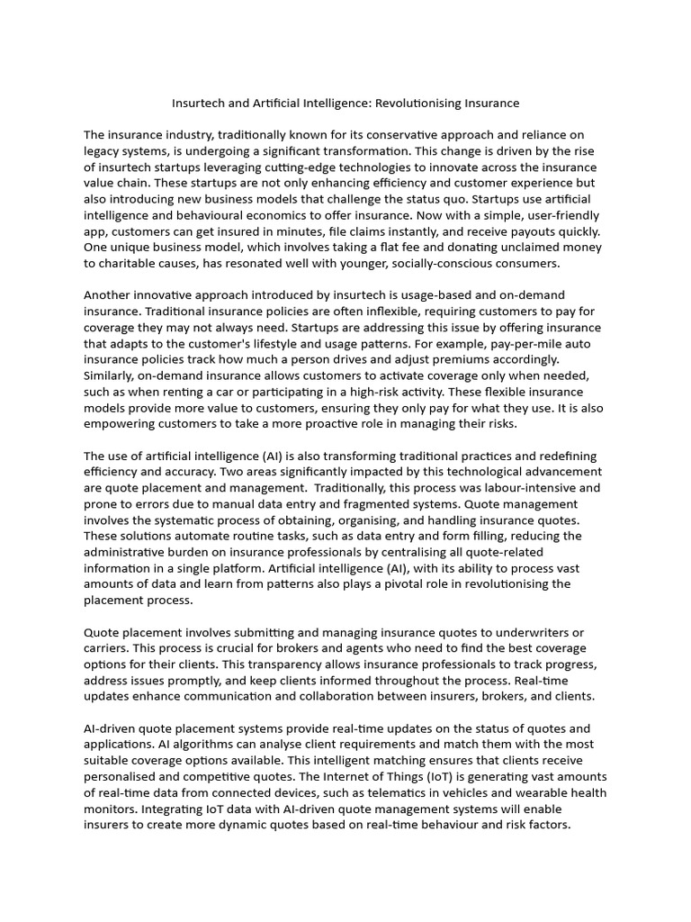 Insurtech And Artificial Intelligence Revolutionising Insurance Pdf