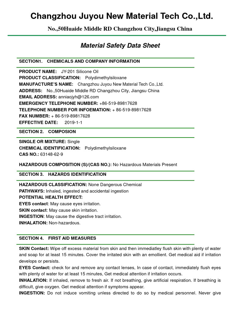 JY-201 silicone oil MSDS | PDF
