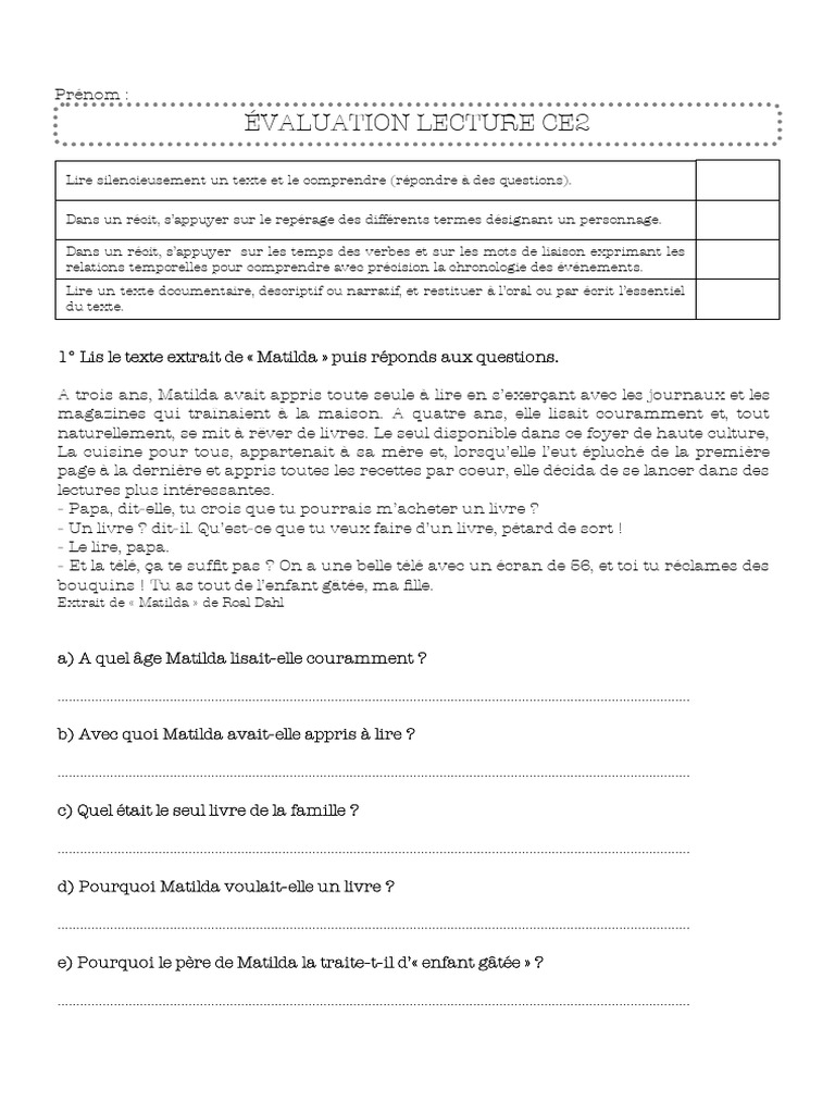 Évaluation de Lecture CE2 | PDF
