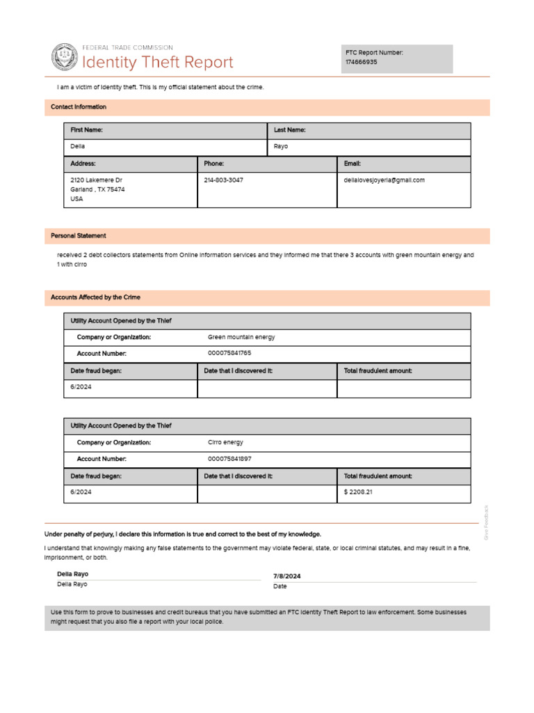 IDTheftReport OO 174666935 | PDF | Identity Theft | Fraud