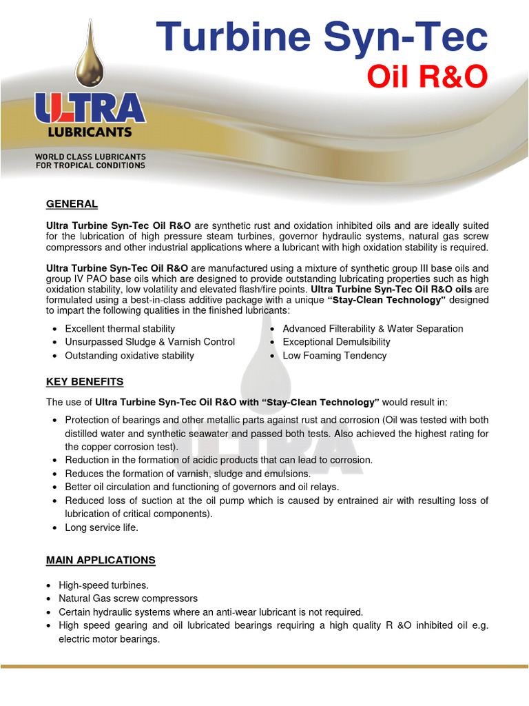Ultra Turbine Syn-Tec Oil R&O Overview | PDF | Lubricant | Oil
