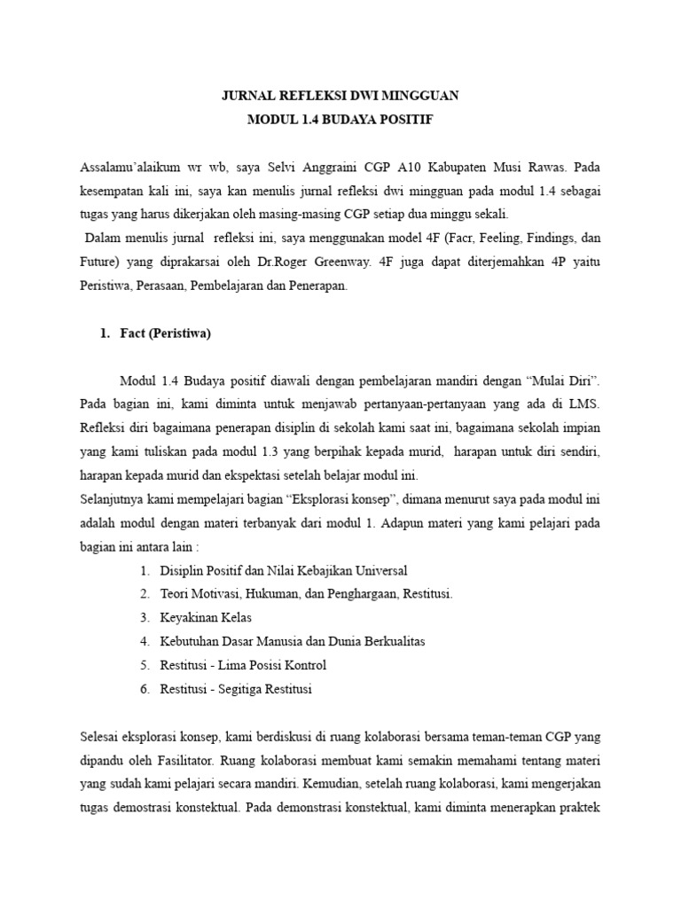 Jurnal Refleksi Budaya Positif CGP | PDF | Karier & Perkembangan ...