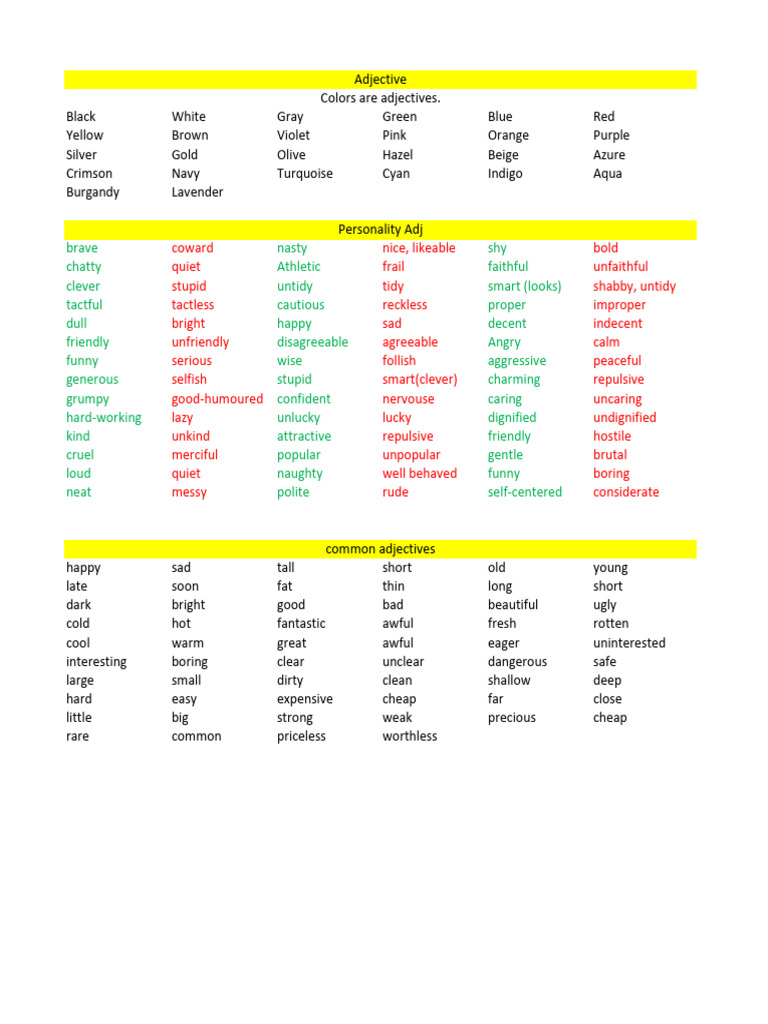 Common Adjectives and Colors List | PDF | Vision | Rainbow