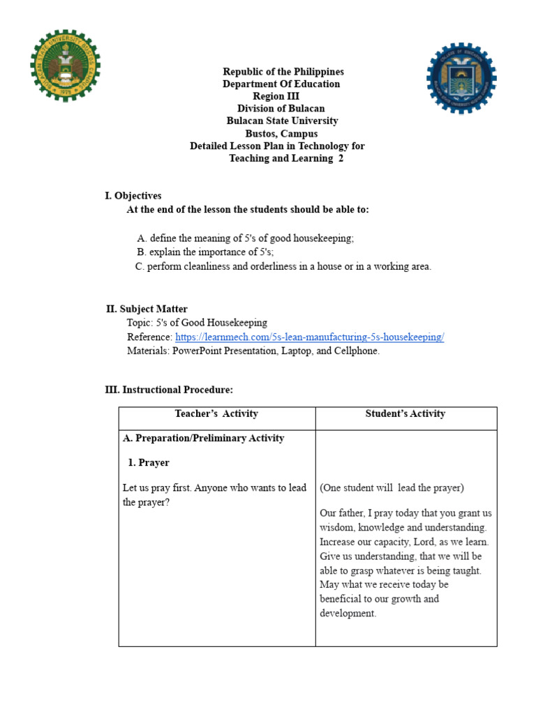 5S Good Housekeeping Lesson Plan | PDF | Housekeeping