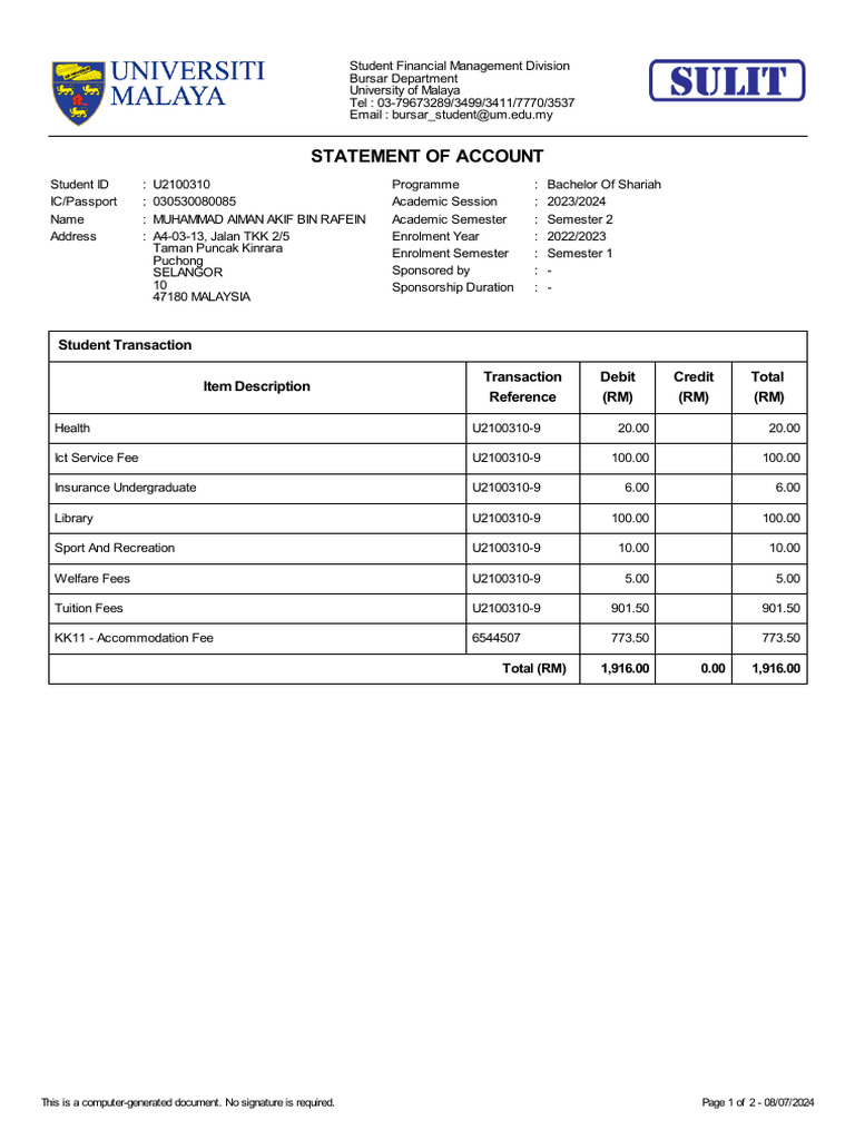 Student Account Statement 2023/2024 | PDF | Credit Card | Banks