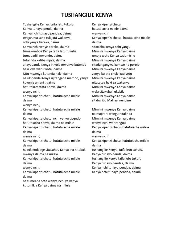 Tushangilie Kenya: Patriotic Lyrics | PDF | Home & Garden