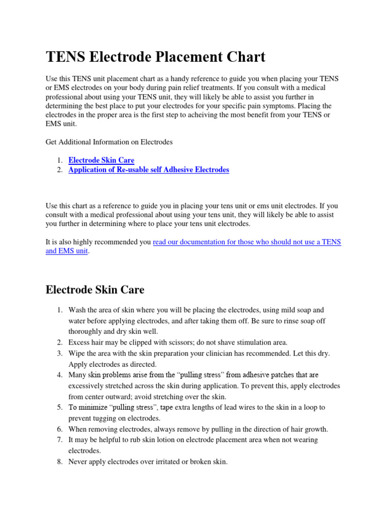 TENS Electrode Placement Chart User Manual PDF Diseases And