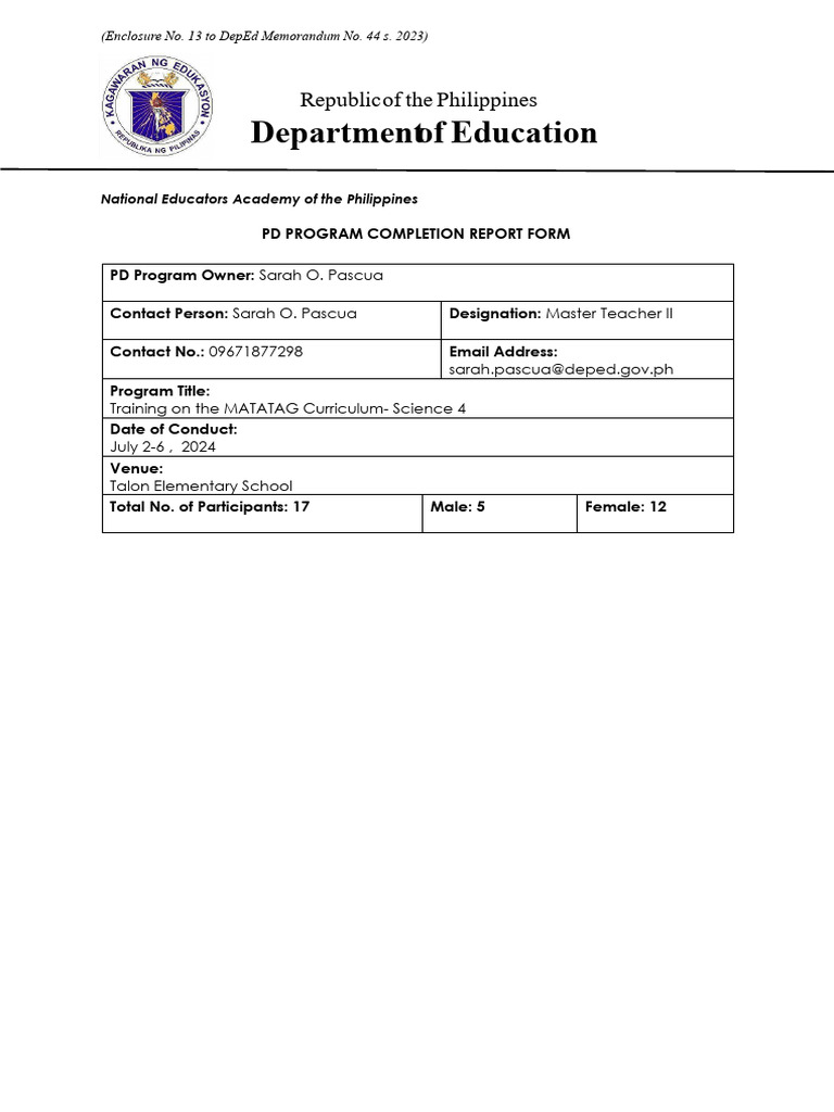 FINAL Group B Day 3 Science 4 Completion-Report-Form | PDF | Learning ...