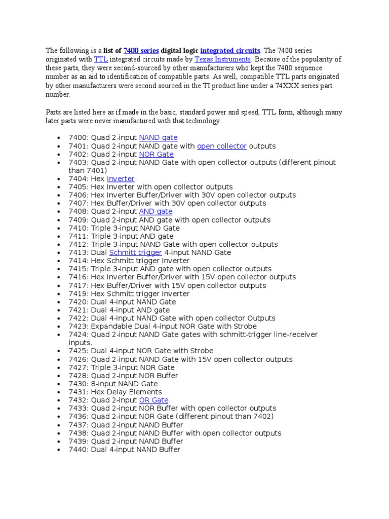 The Following is a List of 7400 Series Digital Logic Integrated Circuits Electronic